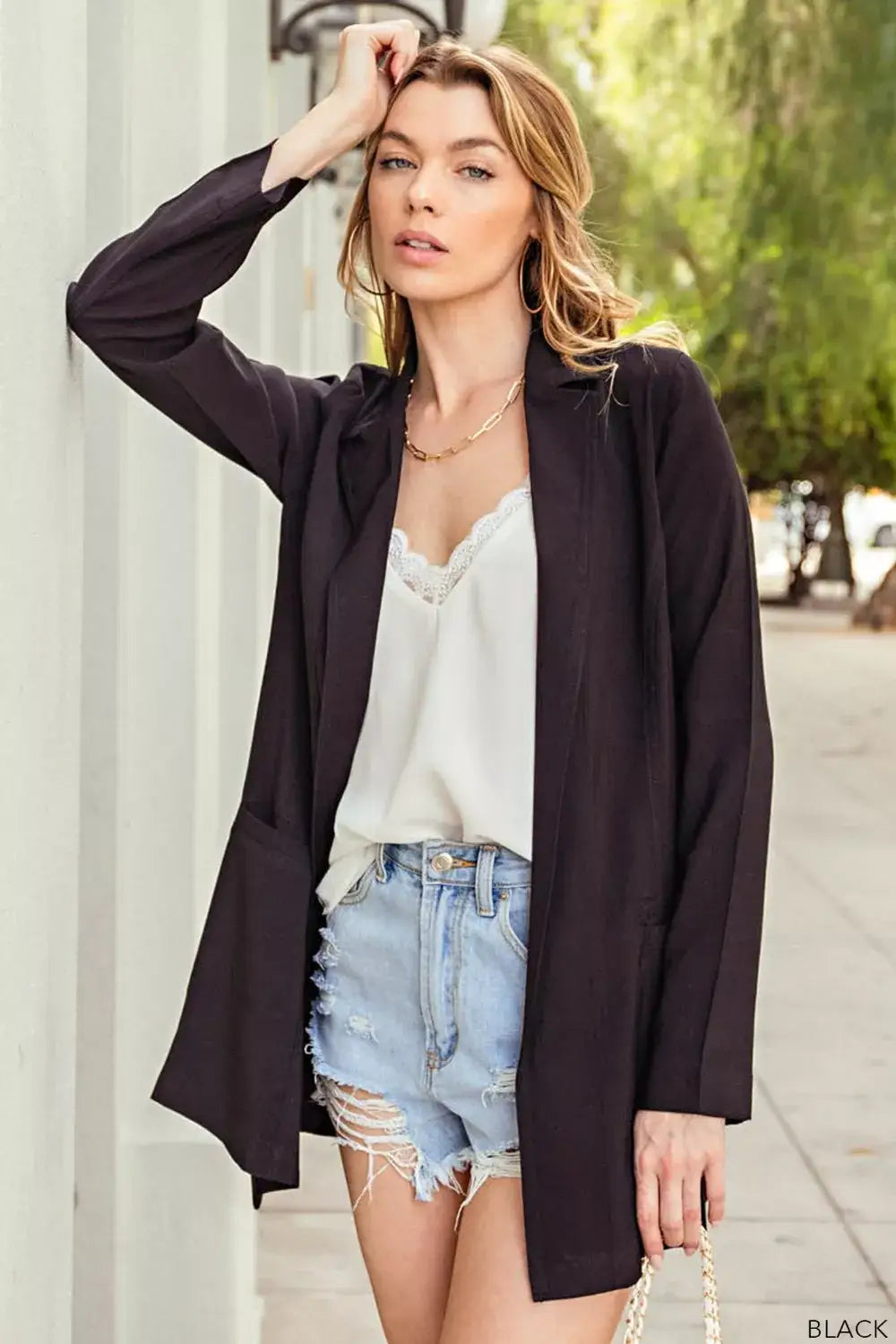 Black oversized long sleeve blazer with open front design from Kori America