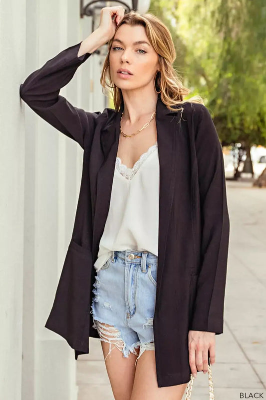 Black oversized long sleeve blazer with open front design from Kori America
