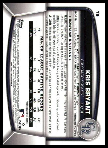 Kris Bryant baseball card from 2023 Bowman Series showcasing Kris Bryant with Colorado Rockies