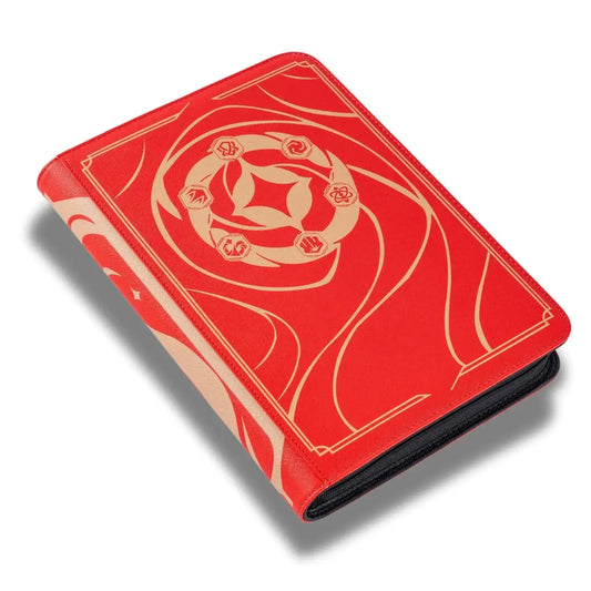 Red card binder with gold design for trading cards, compatible with Lorcana TCG