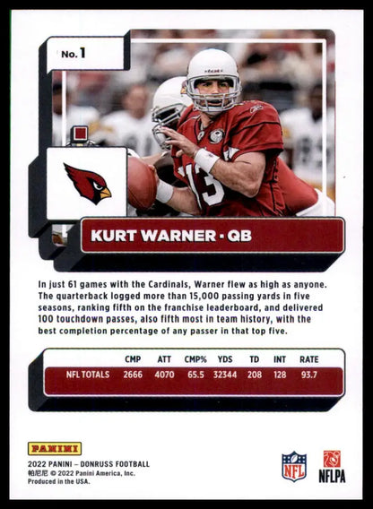Kurt Warner football card from 2022 Donruss series featuring Arizona Cardinals player