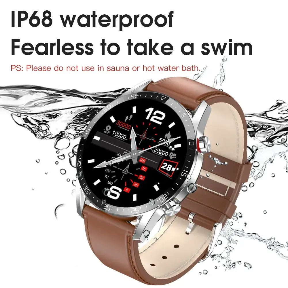 Waterproof smartwatch with brown leather strap featuring heart rate monitor and MP3 support