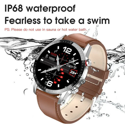 Waterproof smartwatch with brown leather strap featuring heart rate monitor and MP3 support