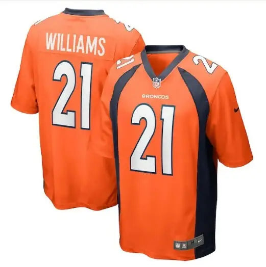 Two Denver Broncos #21 Nike Game Jerseys front and back view in orange color