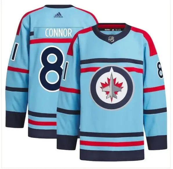 Light blue Kyle Connor Winnipeg Jets adidas jersey with red and dark blue stripes