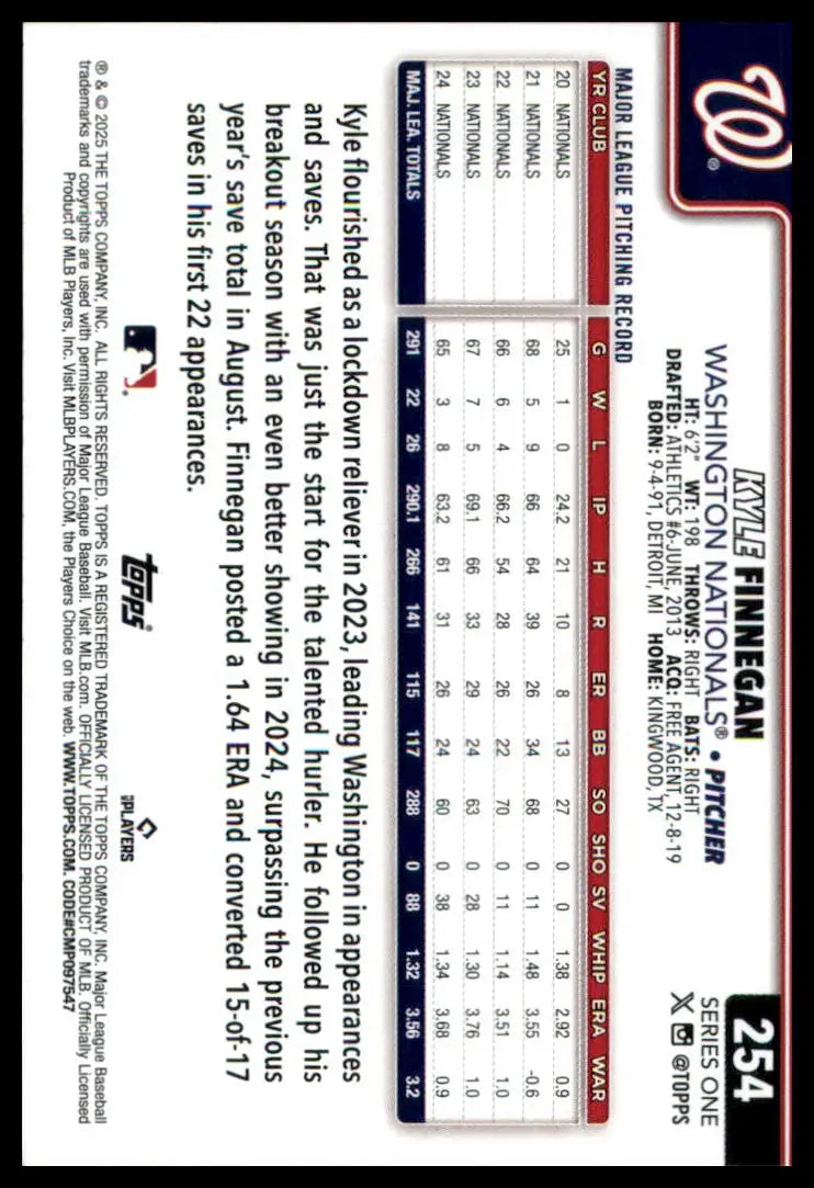 Kyle Finnegan baseball card from 2025 Topps #254 Washington Nationals featuring player portrait