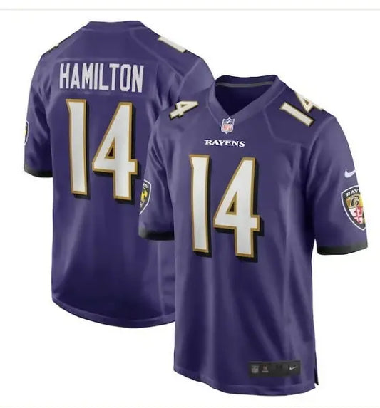Purple Baltimore Ravens Kyle Hamilton football jersey with number 14 and HAMILTON on back