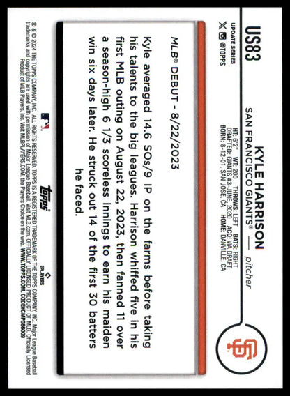 Kyle Harrison baseball card from Topps Update 2024 San Francisco Giants series