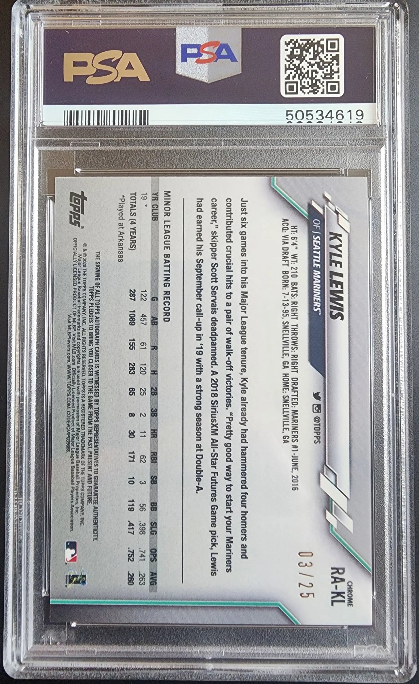 Graded Kyle Lewis 2020 Topps Chrome Orange Refractor Auto PSA 9 Mint card