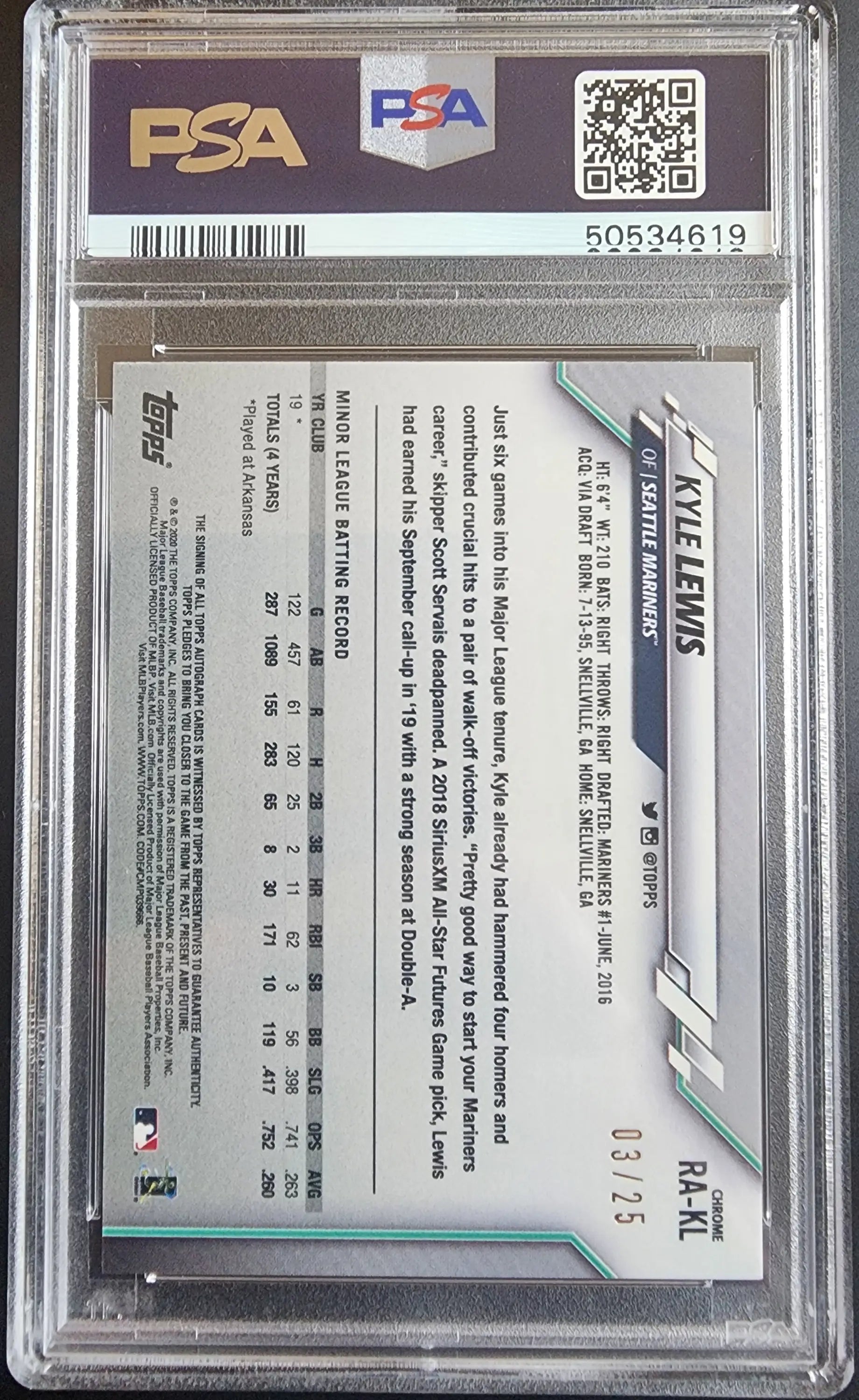 Graded Kyle Lewis 2020 Topps Chrome Orange Refractor Auto PSA 9 Mint card