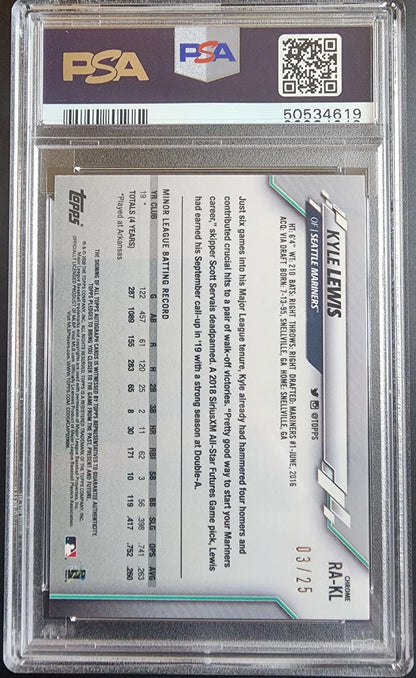 Graded Kyle Lewis 2020 Topps Chrome Orange Refractor Auto PSA 9 Mint card