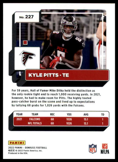 Football trading card featuring Kyle Pitts from 2022 Donruss Atlanta Falcons product