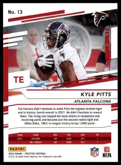 Kyle Pitts football card from Panini Prestige 2022 Atlanta Falcons collection