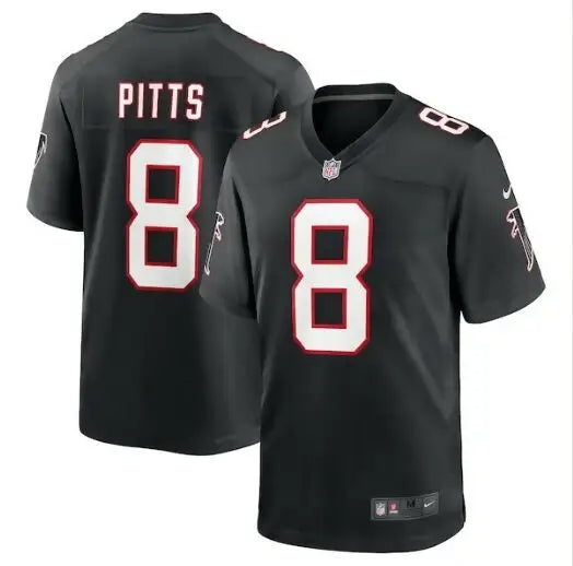 Black Atlanta Falcons Kyle Pitts Nike Player Game Jersey displayed for sale