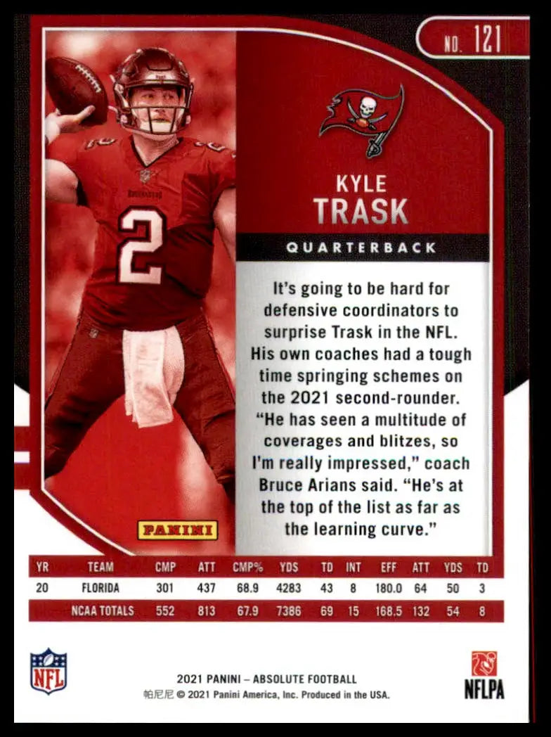 Kyle Trask football card from Panini Absolute 2021 Rookie series Tampa Bay Buccaneers