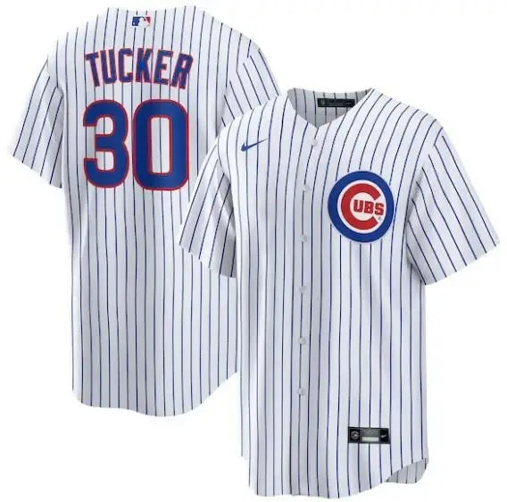 White pinstripe Kyle Tucker Chicago Cubs Nike home replica player jersey