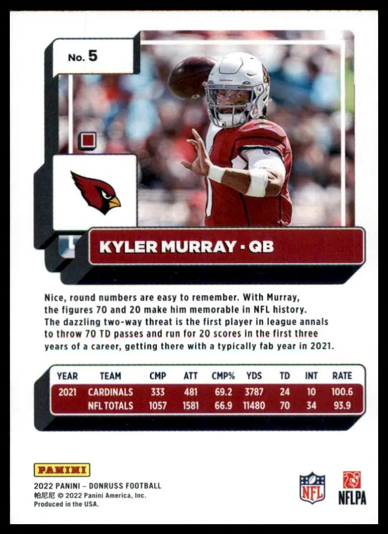 Kyler Murray 2022 Donruss football card Arizona Cardinals featuring Kyler Murray