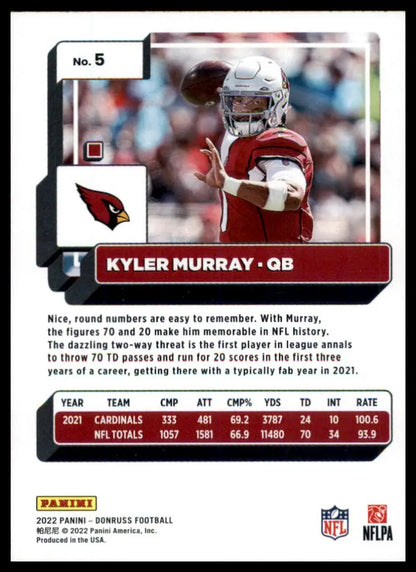 Kyler Murray 2022 Donruss football card Arizona Cardinals featuring Kyler Murray