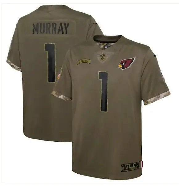 Olive green Arizona Cardinals Kyler Murray youth football jersey with camouflage accents
