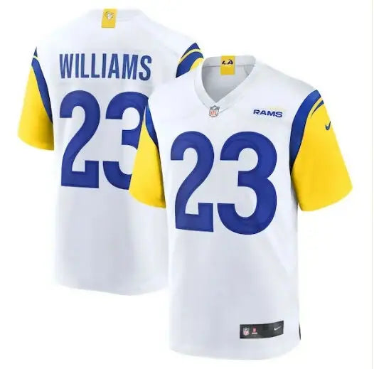 White and blue Kyren Williams Los Angeles Rams Nike Game Jersey with yellow sleeves