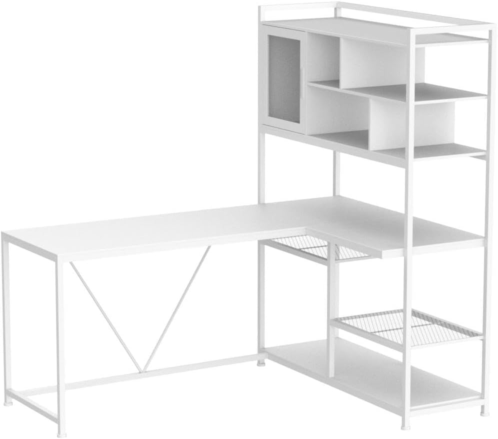 L Shaped Computer Desk, 58'' Office Desk with LED Light and Bookshelf, L Shaped Corner Desk with Storage Shelves for Home Office, Gaming Desk, L Desk, White-3