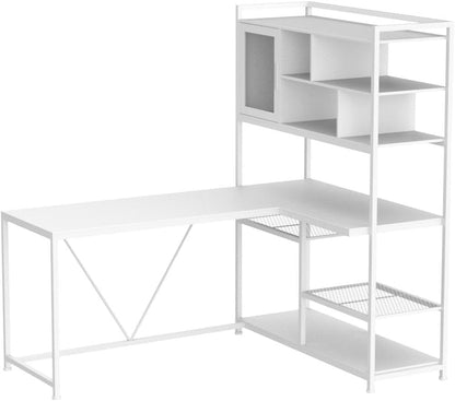 L Shaped Computer Desk, 58'' Office Desk with LED Light and Bookshelf, L Shaped Corner Desk with Storage Shelves for Home Office, Gaming Desk, L Desk, White-3