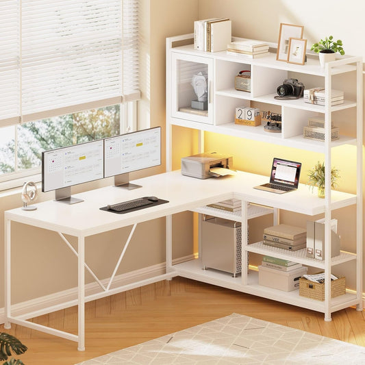 L Shaped Computer Desk, 58'' Office Desk with LED Light and Bookshelf, L Shaped Corner Desk with Storage Shelves for Home Office, Gaming Desk, L Desk, White-0