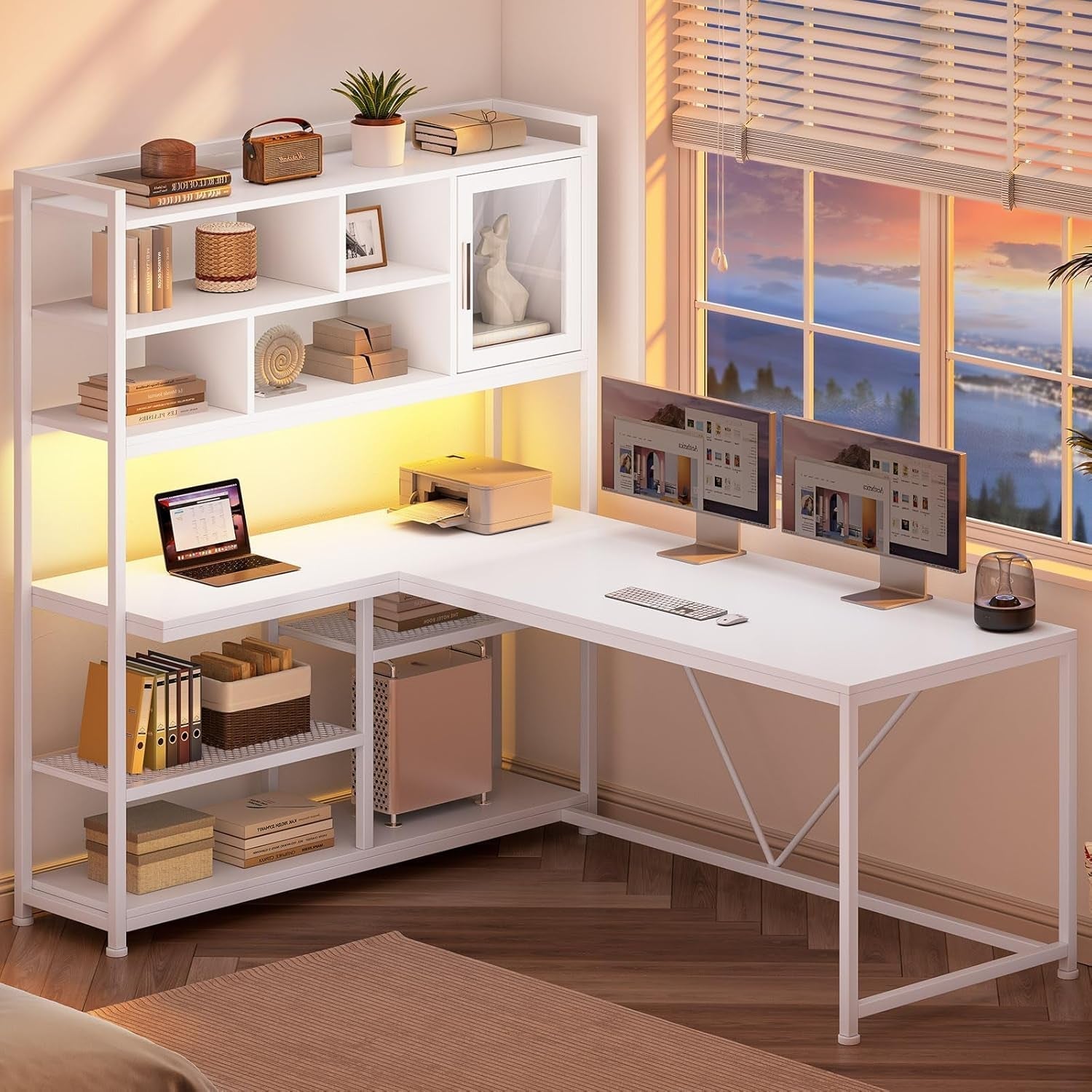 L Shaped Computer Desk, 58'' Office Desk with LED Light and Bookshelf, L Shaped Corner Desk with Storage Shelves for Home Office, Gaming Desk, L Desk, White-2