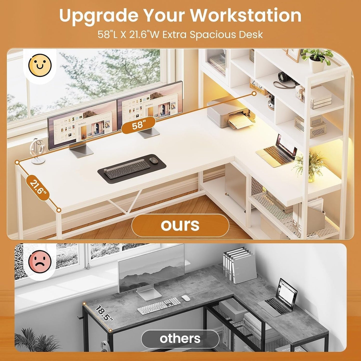 L Shaped Computer Desk, 58'' Office Desk with LED Light and Bookshelf, L Shaped Corner Desk with Storage Shelves for Home Office, Gaming Desk, L Desk, White-4