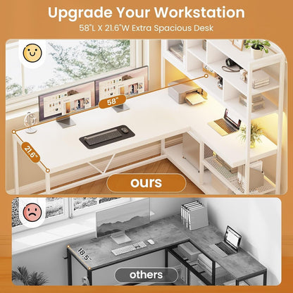 L Shaped Computer Desk, 58'' Office Desk with LED Light and Bookshelf, L Shaped Corner Desk with Storage Shelves for Home Office, Gaming Desk, L Desk, White-4