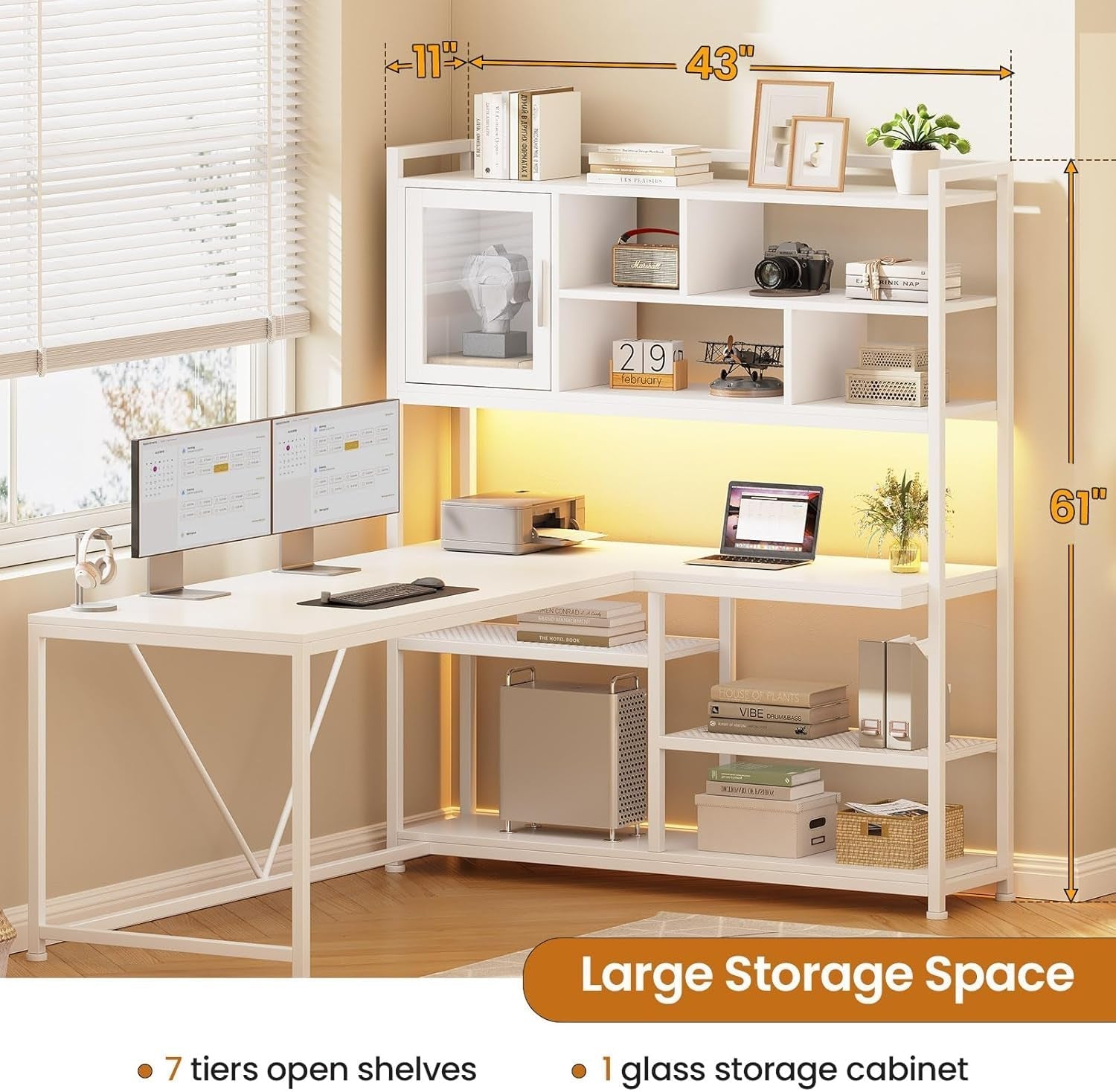 L Shaped Computer Desk, 58'' Office Desk with LED Light and Bookshelf, L Shaped Corner Desk with Storage Shelves for Home Office, Gaming Desk, L Desk, White-1