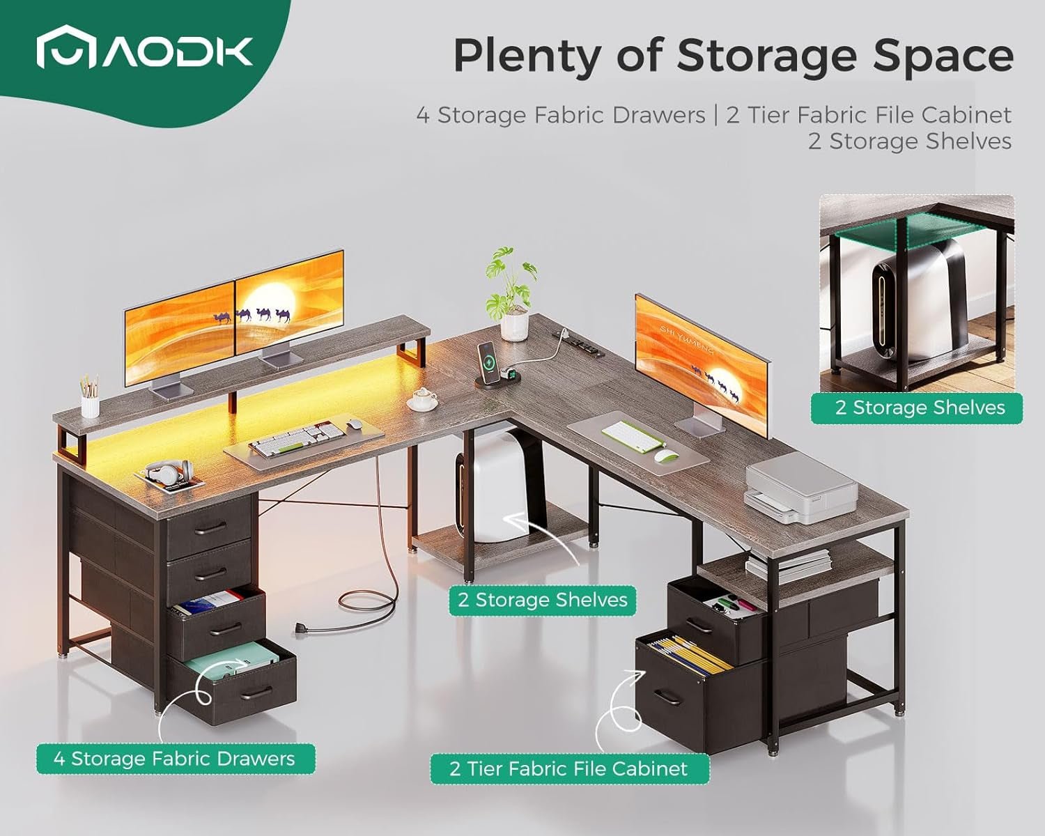 L Shaped Computer Desk with File Cabinet and LED Light-2