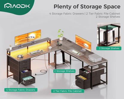 L Shaped Computer Desk with File Cabinet and LED Light-2