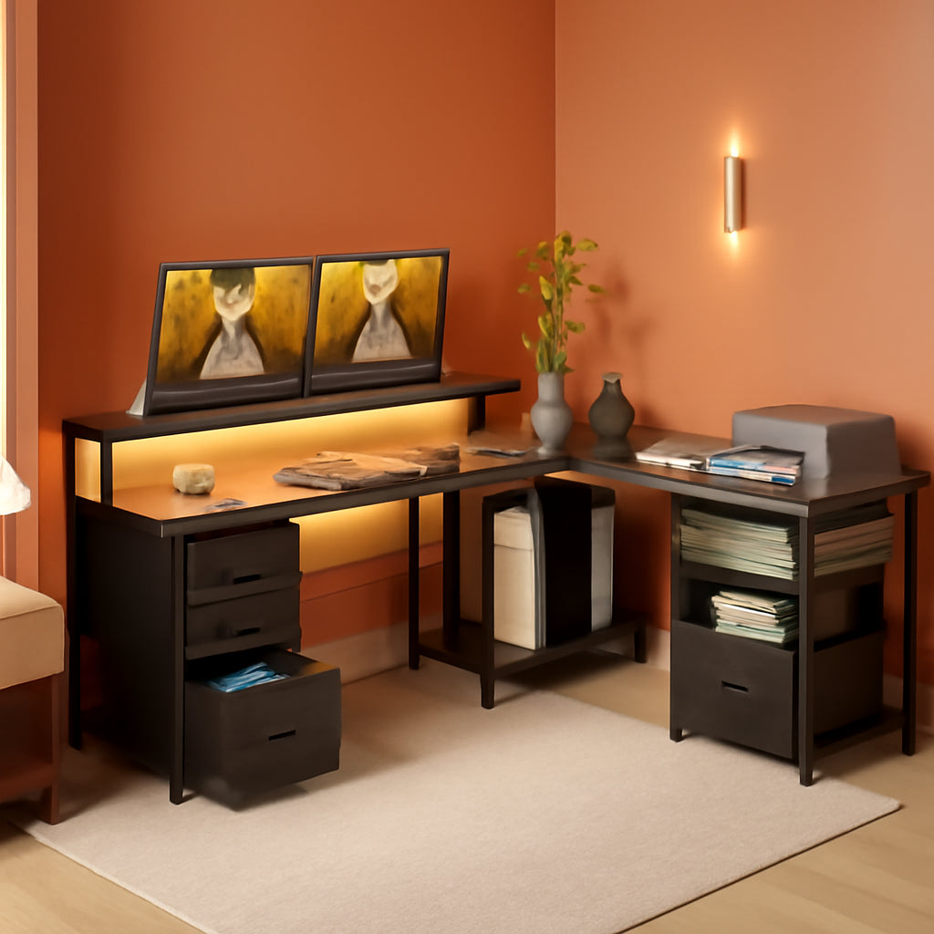L Shaped Computer Desk with File Cabinet and LED Light-0