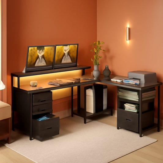 L Shaped Computer Desk with File Cabinet and LED Light-0