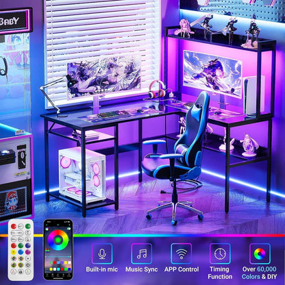 L Shaped Computer Desk with Hutch and Storage Shelves, Gaming Desk with LED Lights, Reversible L-Shaped Desk with Power Outlets, Home Office Desk, Corner Desk, Black-3