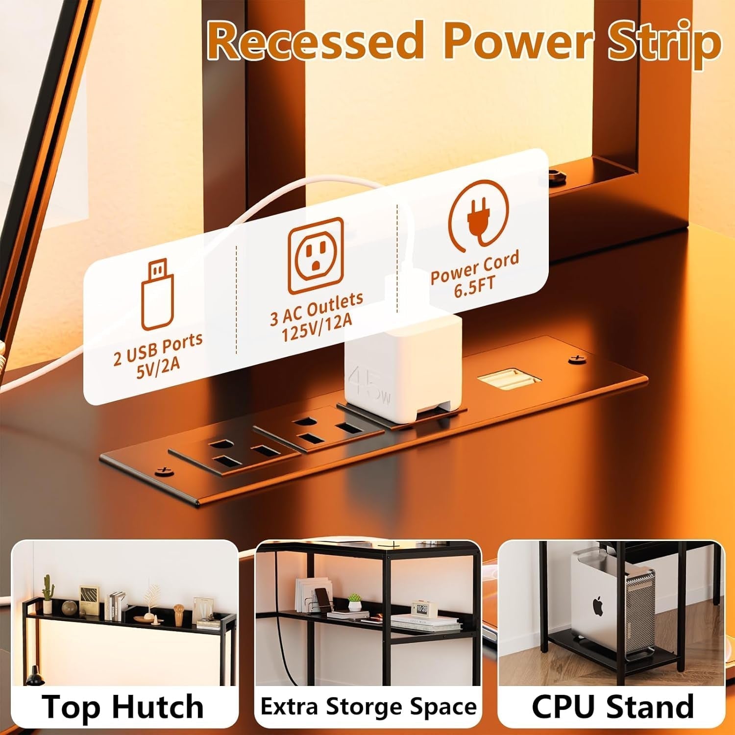 L Shaped Computer Desk with Hutch and Storage Shelves, Gaming Desk with LED Lights, Reversible L-Shaped Desk with Power Outlets, Home Office Desk, Corner Desk, Black-4