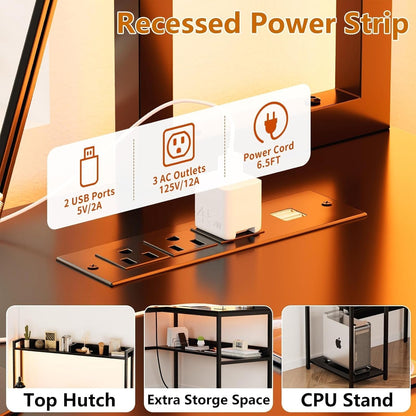 L Shaped Computer Desk with Hutch and Storage Shelves, Gaming Desk with LED Lights, Reversible L-Shaped Desk with Power Outlets, Home Office Desk, Corner Desk, Black-4