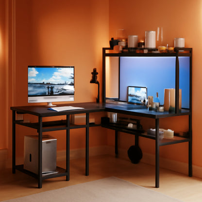 L Shaped Computer Desk with Hutch and Storage Shelves, Gaming Desk with LED Lights, Reversible L-Shaped Desk with Power Outlets, Home Office Desk, Corner Desk, Black-0