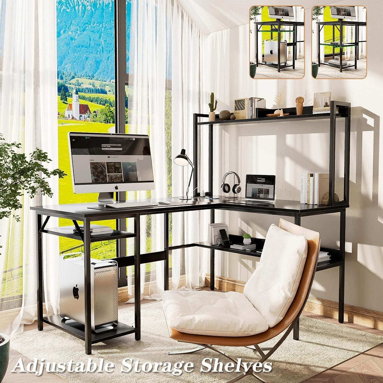 L Shaped Computer Desk with Hutch and Storage Shelves, Gaming Desk with LED Lights, Reversible L-Shaped Desk with Power Outlets, Home Office Desk, Corner Desk, Black-1