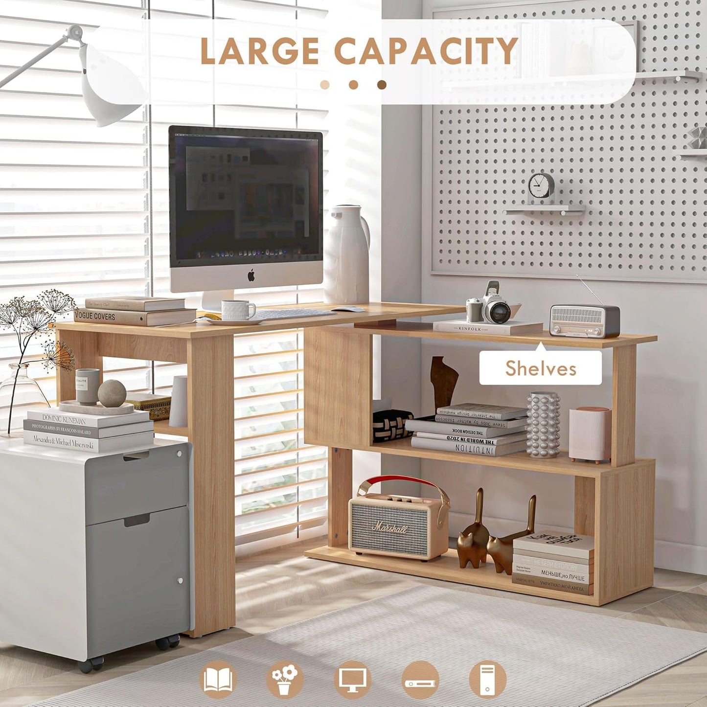 L Shaped Corner Desk, 360 Degree Rotating Home Office Desk with Storage Shelves, Writing Table Workstation, Maple-3