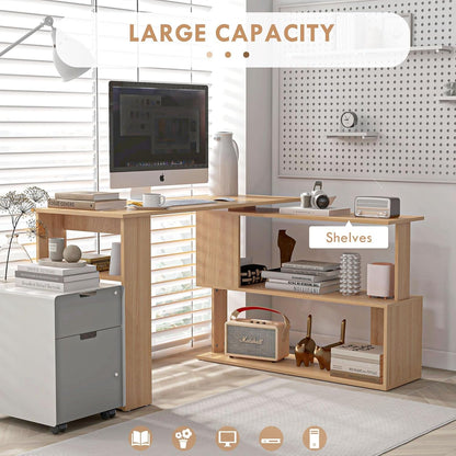 L Shaped Corner Desk, 360 Degree Rotating Home Office Desk with Storage Shelves, Writing Table Workstation, Maple-3
