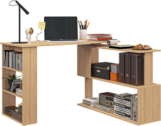 L Shaped Corner Desk, 360 Degree Rotating Home Office Desk with Storage Shelves, Writing Table Workstation, Maple-0