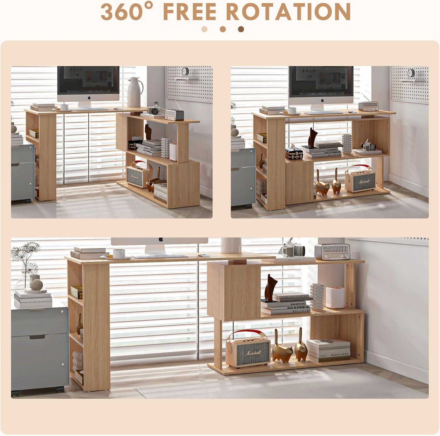 L Shaped Corner Desk, 360 Degree Rotating Home Office Desk with Storage Shelves, Writing Table Workstation, Maple-4