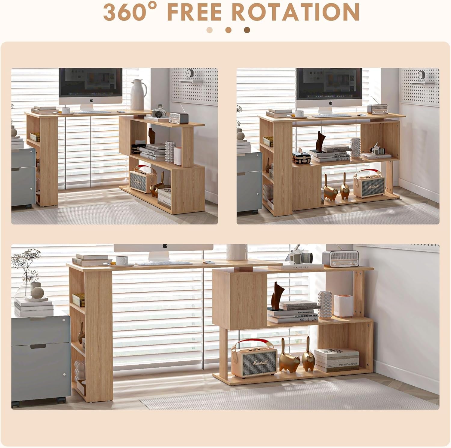 L Shaped Corner Desk, 360 Degree Rotating Home Office Desk with Storage Shelves, Writing Table Workstation, Maple-4