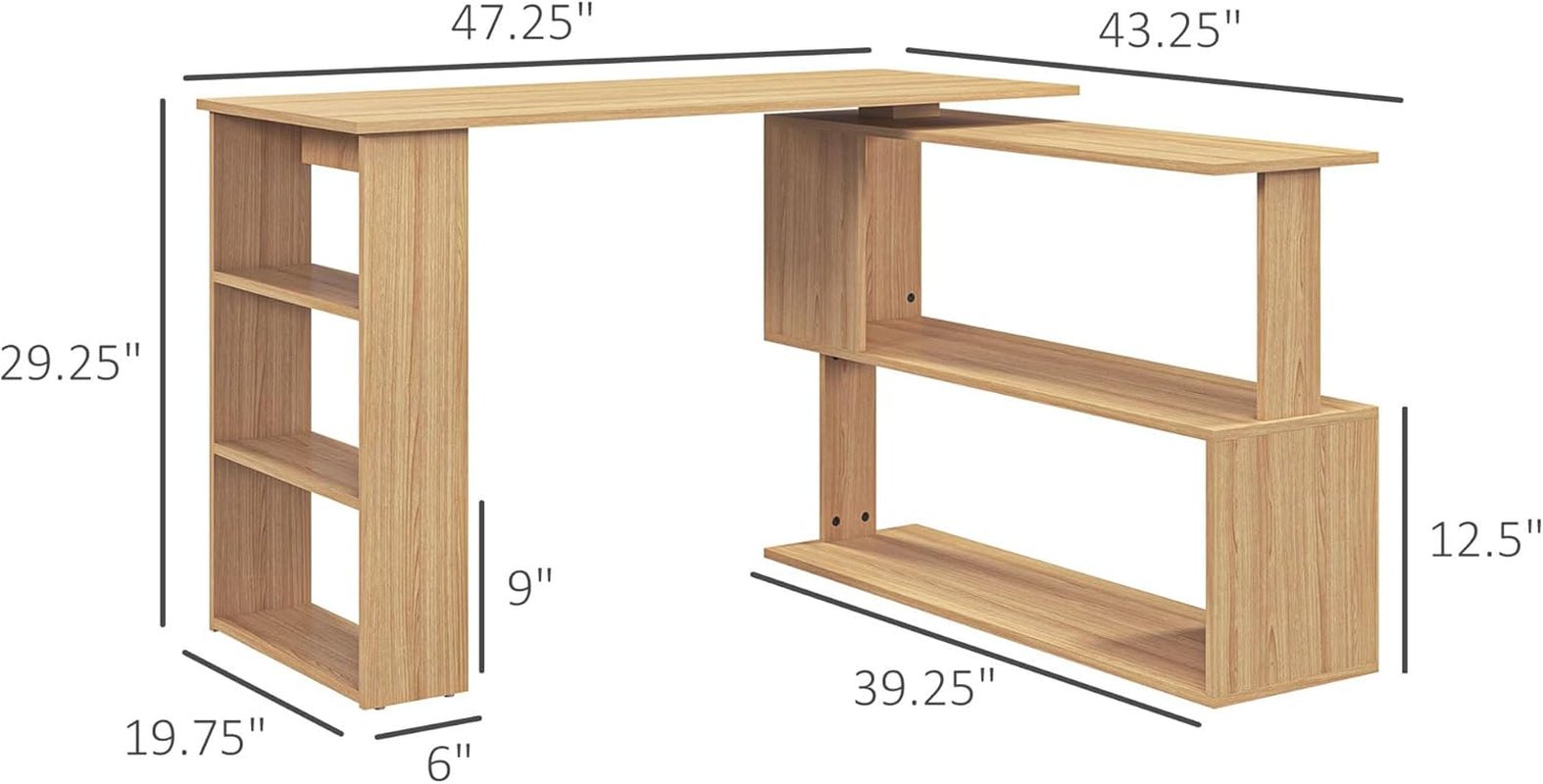 L Shaped Corner Desk, 360 Degree Rotating Home Office Desk with Storage Shelves, Writing Table Workstation, Maple-2
