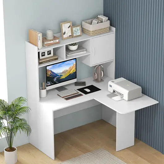 L-Shaped Desk Corner Computer Desk with Open Storage Hutch and Cabinet-White - Color:White - Computer Desks