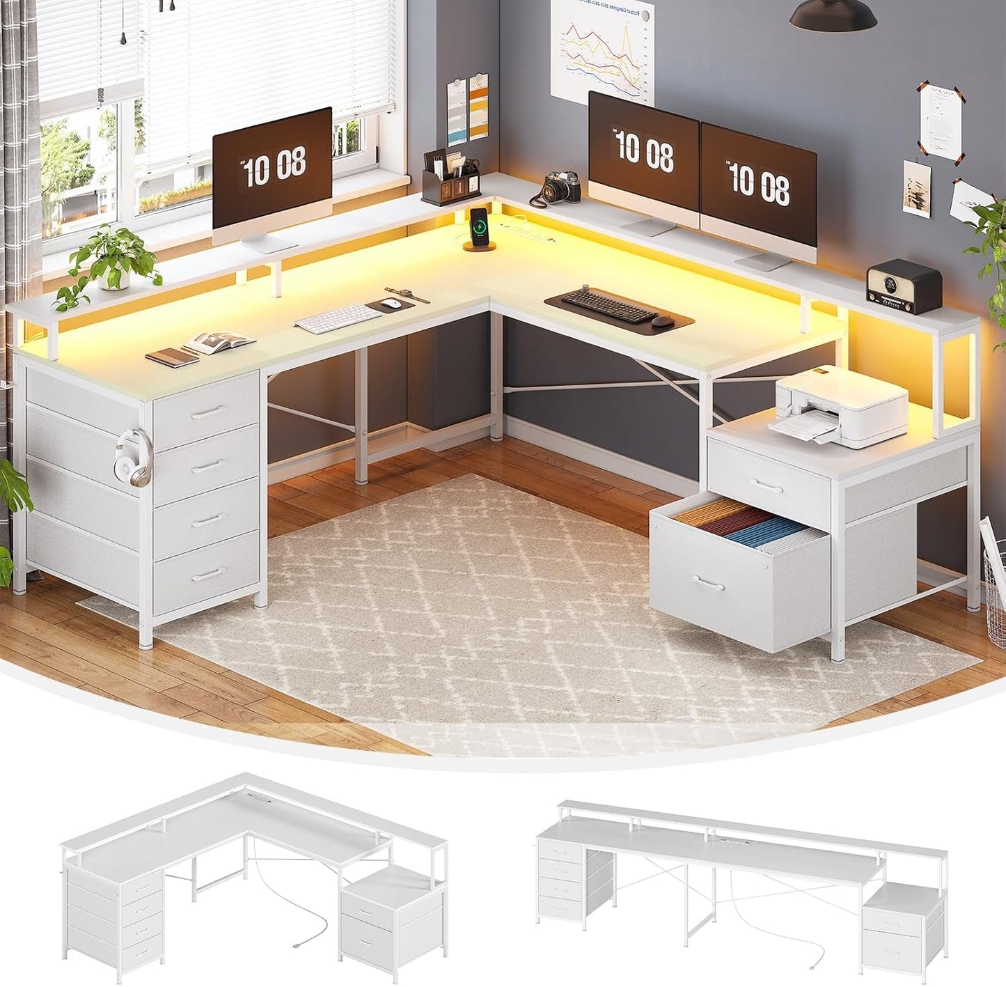 L Shaped Desk with 6 Drawer, 108" Home Office Desk with File Drawer & Power Outlet, Corner Computer Desk with Monitor Shelf, File Cabinet, Two Person Desk, Gaming Desk with Led Lights, White-2
