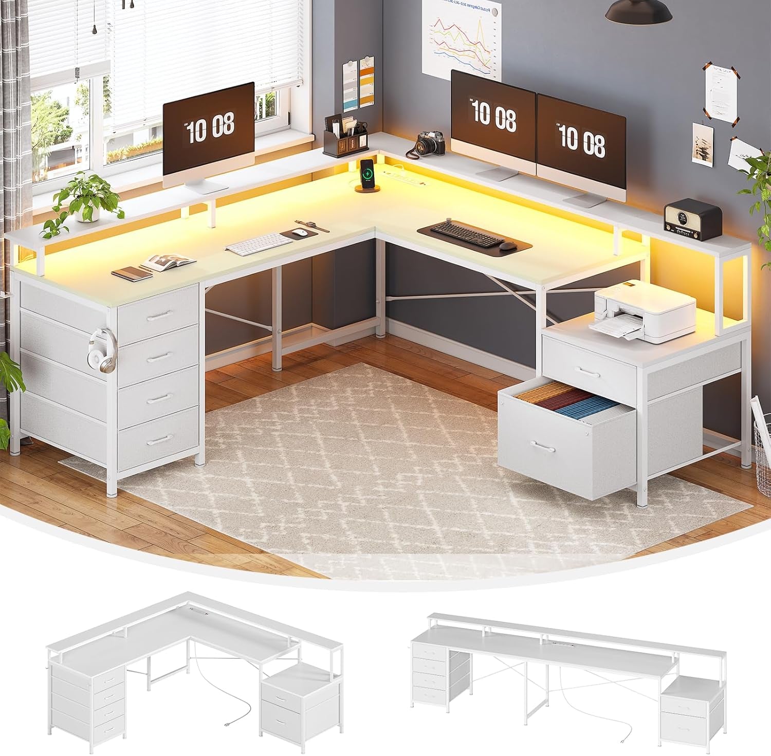 L Shaped Desk with 6 Drawer, 108" Home Office Desk with File Drawer & Power Outlet, Corner Computer Desk with Monitor Shelf, File Cabinet, Two Person Desk, Gaming Desk with Led Lights, White-2