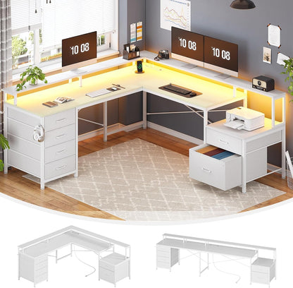 L Shaped Desk with 6 Drawer, 108" Home Office Desk with File Drawer & Power Outlet, Corner Computer Desk with Monitor Shelf, File Cabinet, Two Person Desk, Gaming Desk with Led Lights, White-2